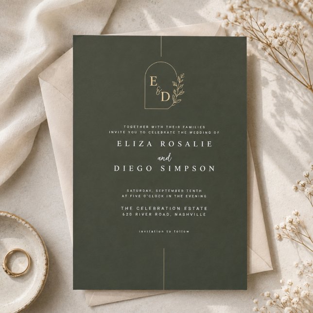Elegant Olive Green Monogram Wedding  Invitation (Creator Uploaded)