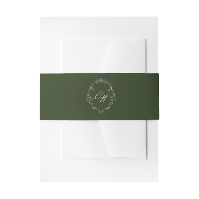 Elegant Olive Green Monogram Wedding Invitation Belly Band (Front Example)