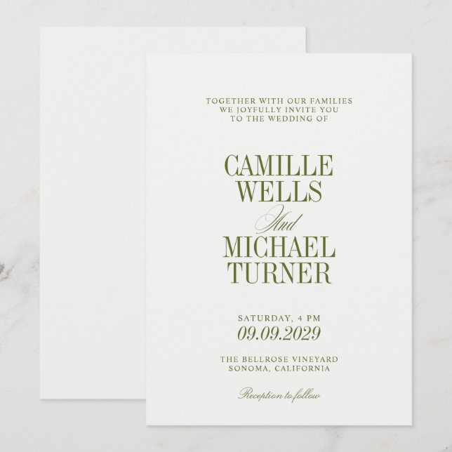 Elegant Olive Green Monogram Wedding Invite (Front/Back)