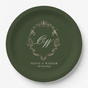 Elegant Olive Green Monogram Wedding Paper Plate