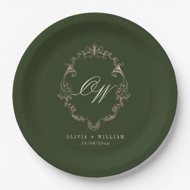 Elegant Olive Green Monogram Wedding Paper Plate (Front)