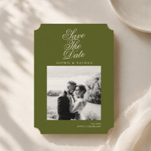 Elegant Olive Green Old Money Photo Save the Date Invitation