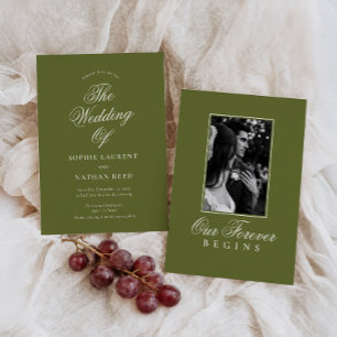 Elegant Olive Green Old Money Photo Wedding Invitation