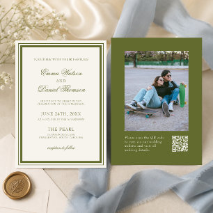 Elegant Olive Green Photo QR Code Wedding Invitation