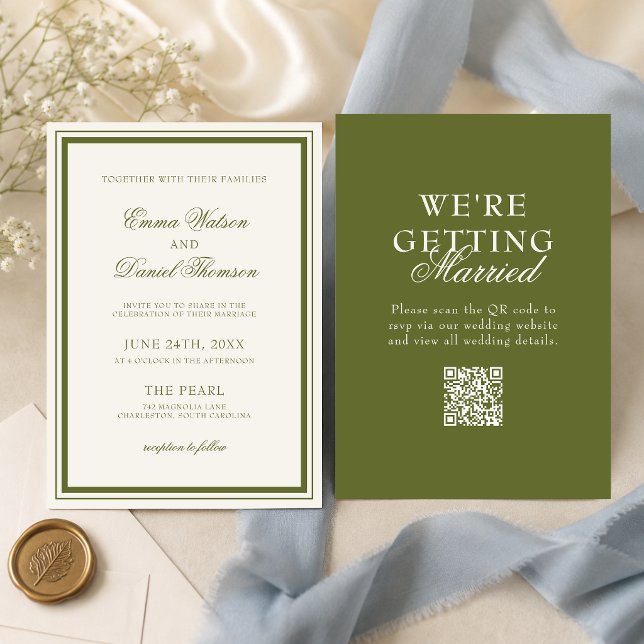 Elegant Olive Green QR Code Wedding Invitation (Elegant olive green QR code wedding invitation makes sharing details simple and stylish.)