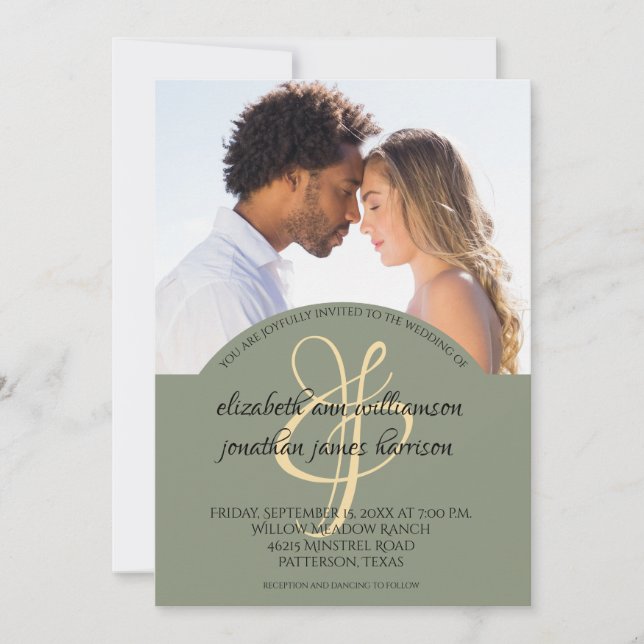 Elegant Olive Green Script 2 Photo Wedding Invitation (Front)