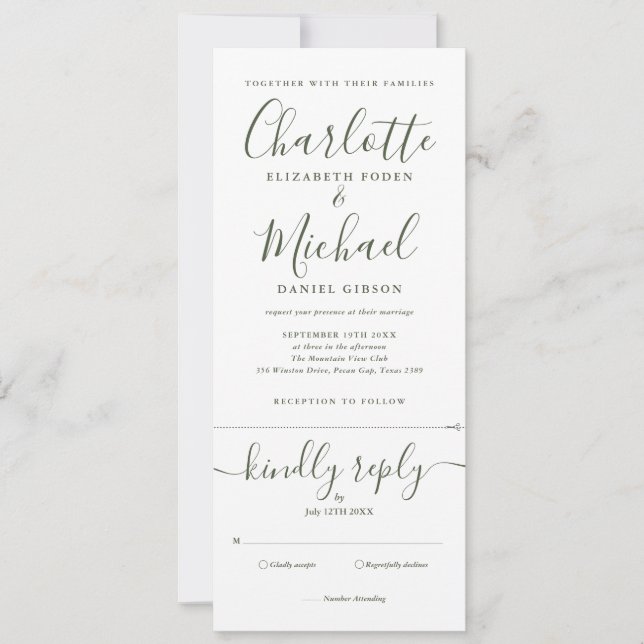 Elegant Olive Green Script All In One Wedding Invitation (Front)