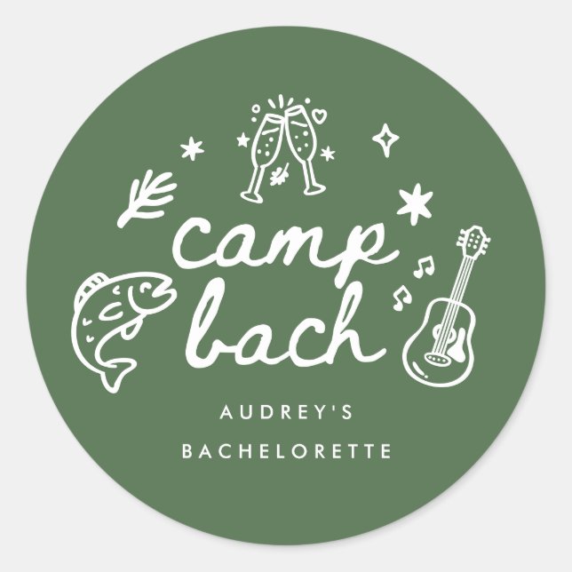Elegant Olive Green Script Camp Bachelorette Classic Round Sticker (Front)