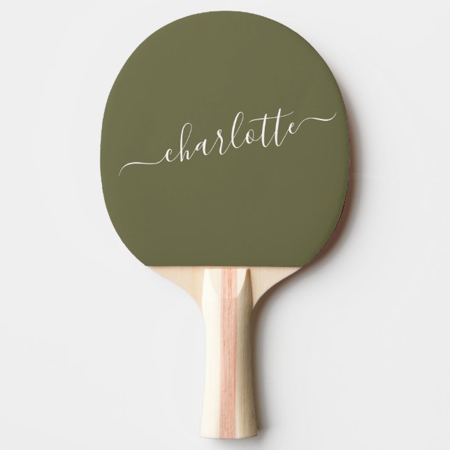 Elegant Olive Green Script Name Personalised  Ping Pong Paddle (Front)