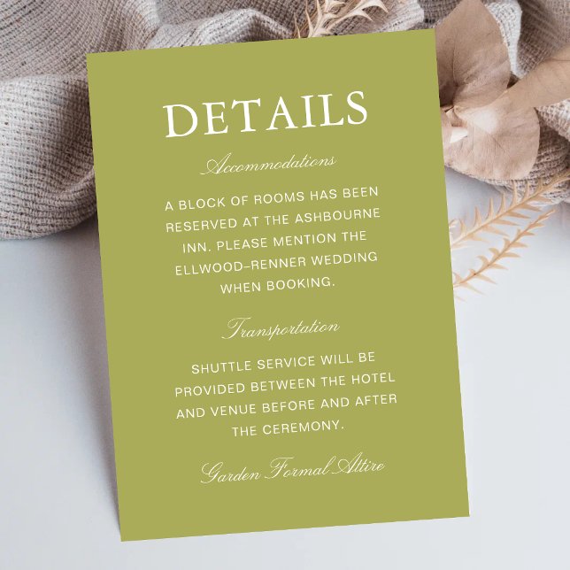 Elegant Olive Green Script Wedding Information Enclosure Card (Elegant olive green enclosure cards provide wedding details with refined style and clarity.)