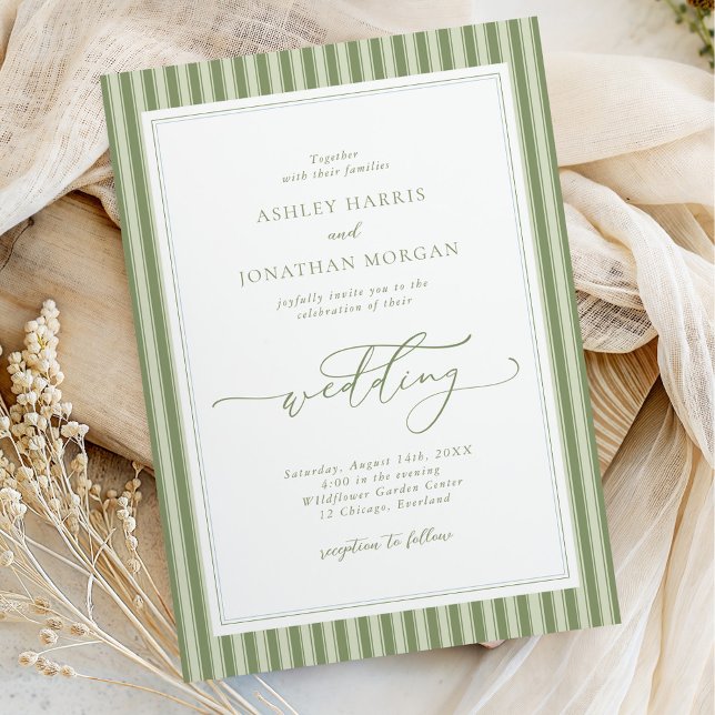 Elegant Olive Green Stripes Wedding Invitation (Creator Uploaded)