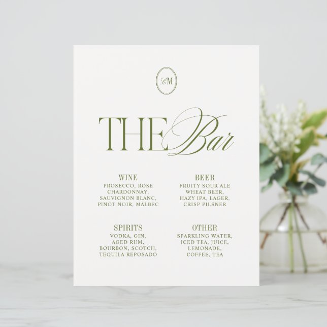 Elegant Olive Green The Bar Wedding Menu (Standing Front)