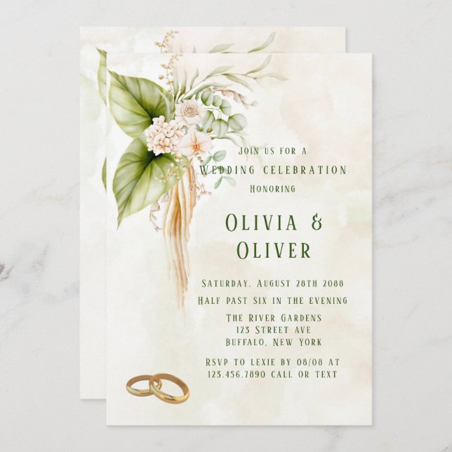 Elegant Olive Green Tropical Florals Wedding Invitation (Front/Back)
