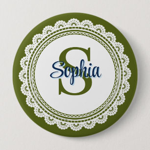Elegant Olive Green Vintage Lace Monogram Name 10 Cm Round Badge