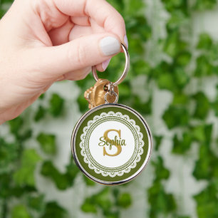 Elegant Olive Green Vintage Lace Monogram Name Key Ring