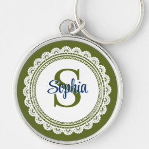Elegant Olive Green Vintage Lace Monogram Name Key Ring