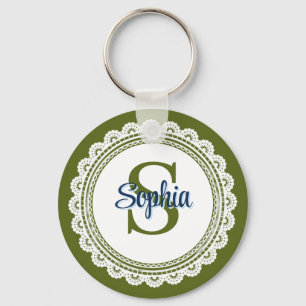 Elegant Olive Green Vintage Lace Monogram Name Key Ring