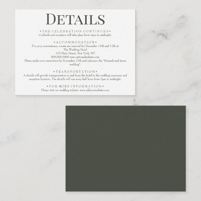 Elegant Olive Green Wedding Details Enclosure Card (Front/Back)