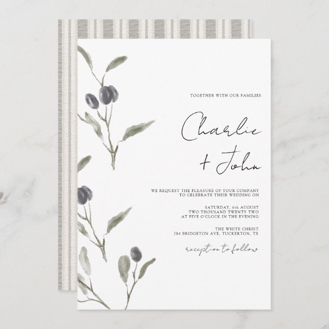 Elegant Olive Green Wedding Invitation (Front/Back)