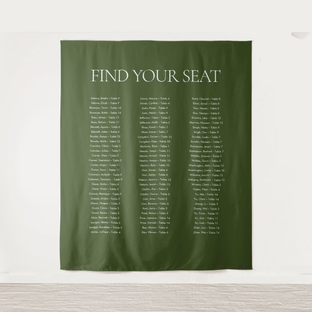 Elegant Olive Green Wedding Seating Chart Fabric Tapestry (Front)