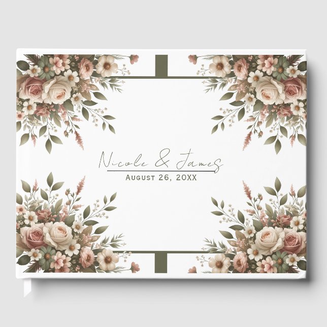 Elegant Olive Green & White Floral Corner Wedding  Guest Book (Front)
