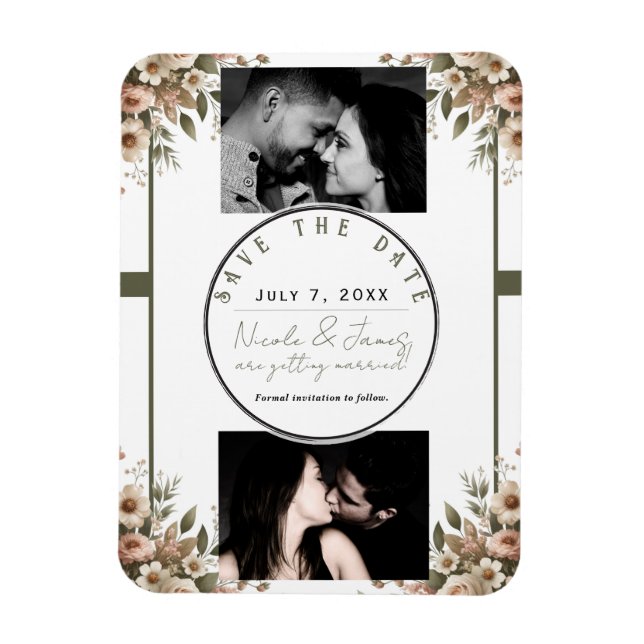 Elegant Olive Green & White Floral Corner Wedding  Magnet (Vertical)