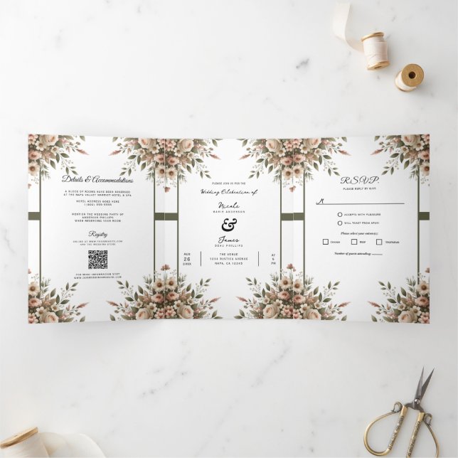Elegant Olive Green & White Floral Corner Wedding  Tri-Fold Invitation (Inside)