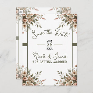 Elegant Olive Green & White Floral Save the Date Announcement Postcard