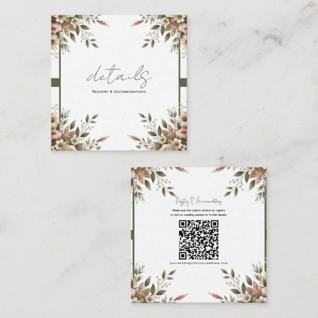 Elegant Olive Green & White Floral Wedding Details Square Business Card (Front/Back)