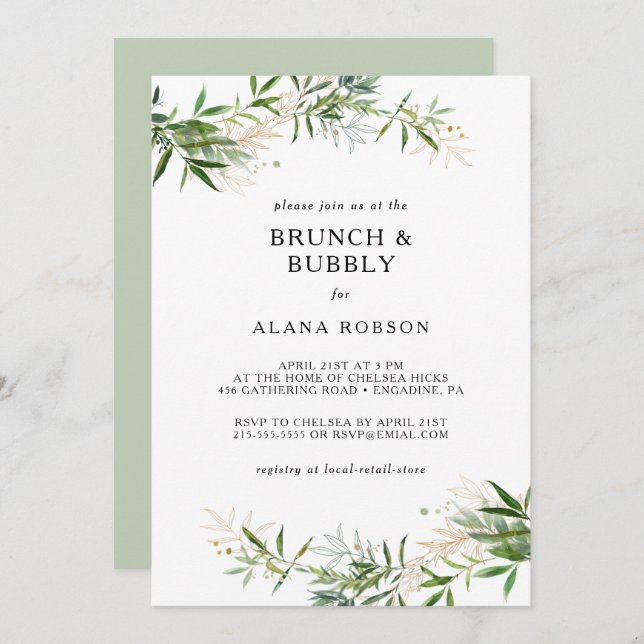 Elegant Olive Greenery Brunch and Bubbly Shower In Invitation (Front/Back)