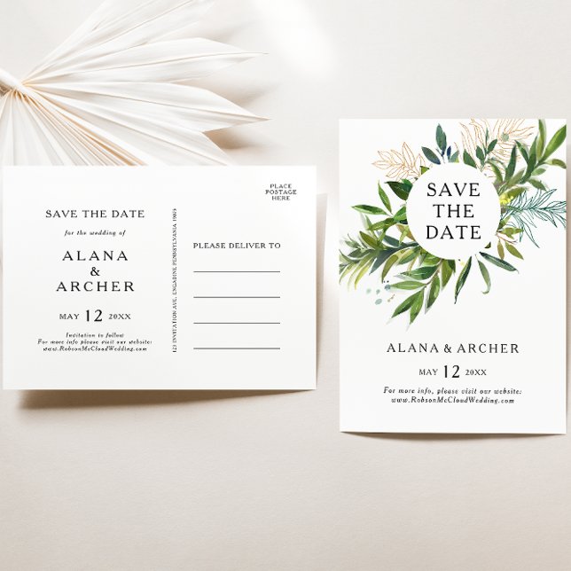Elegant Olive Greenery Save The Date Postcard (Creator Uploaded)