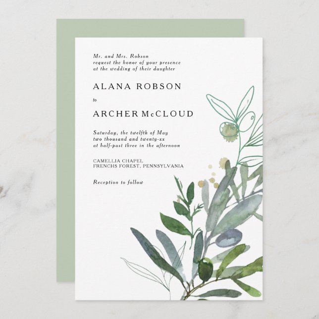 Elegant Olive Greenery Wedding Invitation (Front/Back)