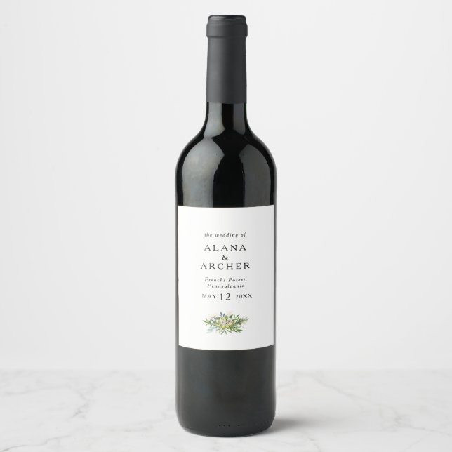 Elegant Olive Greenery Wedding Wine Label (Front)
