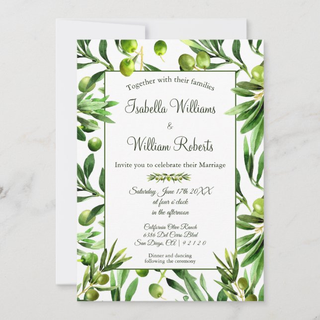 Elegant Olive Leaf Boho Garden Wedding Invitation (Front)
