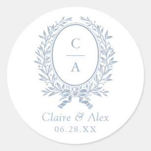 Elegant Olive Leaf Crest Blue Wedding Monogram Classic Round Sticker