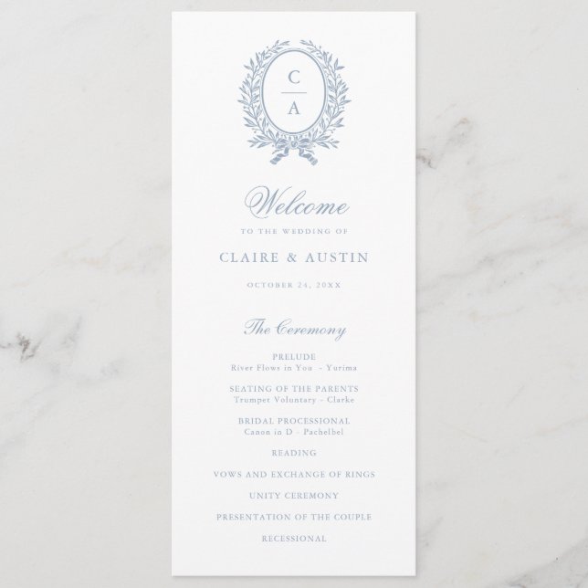 Elegant Olive Leaf Crest Vintage Blue Wedding Programme (Front)