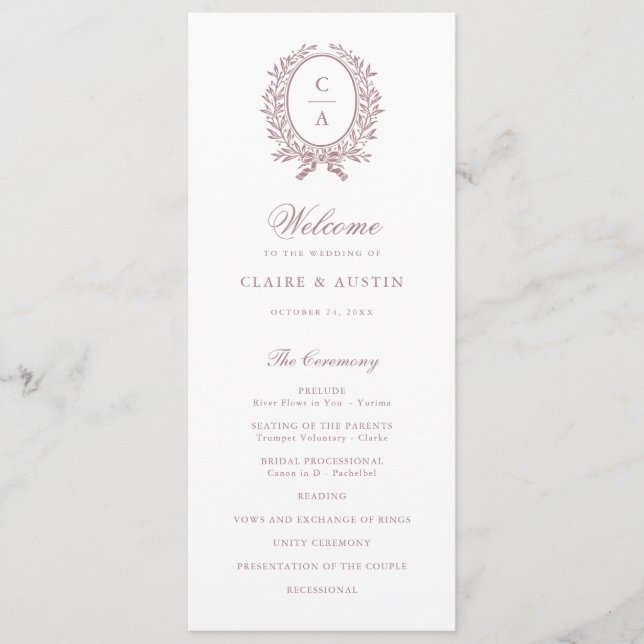 Elegant Olive Leaf Crest Vintage Mauve Wedding Programme (Front)