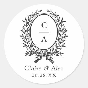 Elegant Olive Leaf Crest Wedding Monogram Classic Round Sticker