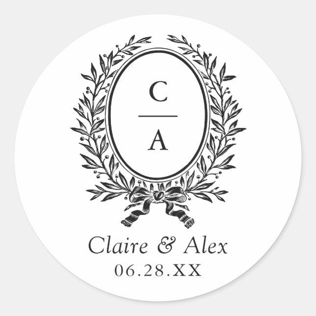 Elegant Olive Leaf Crest Wedding Monogram Classic Round Sticker (Front)