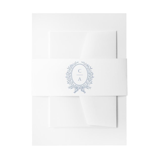 Elegant Olive Leaf Wreath Blue Wedding Monogram Invitation Belly Band (Front Example)