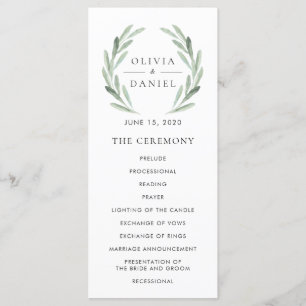 Elegant Olive Leaf Wreath Green Wedding Program Programme