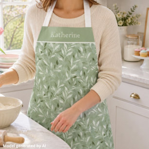 Elegant Olive Leaves Pattern Custom Name Apron