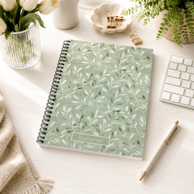 Elegant Olive Leaves Pattern Custom Name Notebook (Creator Uploaded)