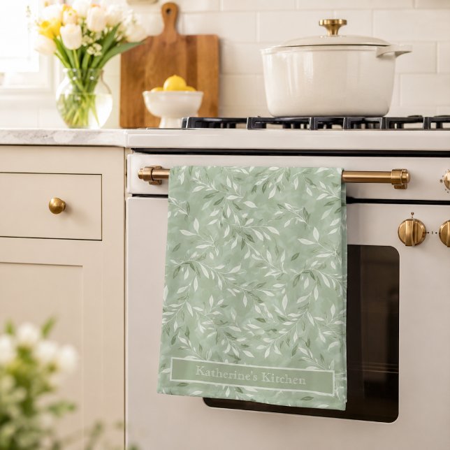Elegant Olive Leaves Pattern Custom Name Tea Towel (Creator Uploaded)