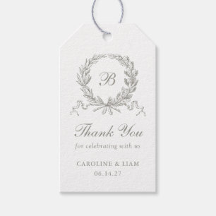 Elegant Olive Oak Crest Grey Wedding Monogram Gift Tags