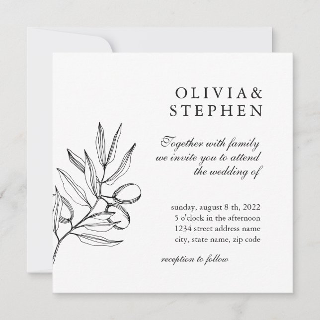 Elegant olive. Simple Formal black white Wedding Invitation (Front)
