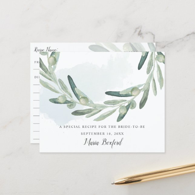 Elegant Olive Sprig Bridal Shower Recipe Card (Front/Back In Situ)