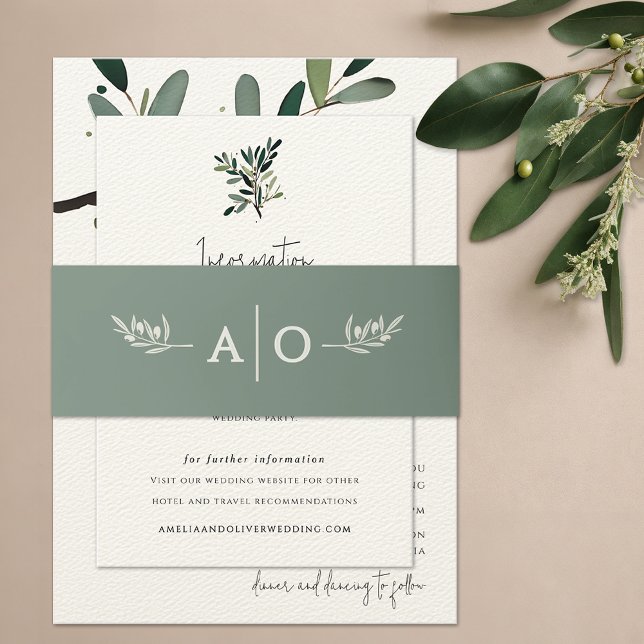Elegant Olive Tree Branch Minimalist Wedding Invitation Belly Band (Olive tree branch wedding invitation suite belly band wrap around, elegant green botanical monogam)