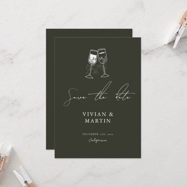 Elegant Olive wood Green Save The Date Invitation (Front/Back In Situ)
