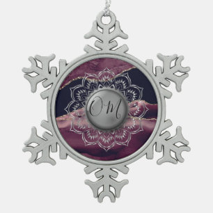 Elegant OM Mandala Marble Snowflake Pewter Christmas Ornament